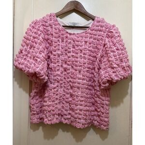 Hayden Los Angeles Women's Waffle Puff Top L Pink Cottagecore Boho Chic Coquette